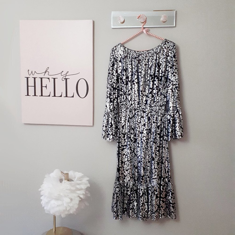 NWT Michael Kors black & silver metallic fibre floral print long sleeve dress, 8 - Picture 3 of 12
